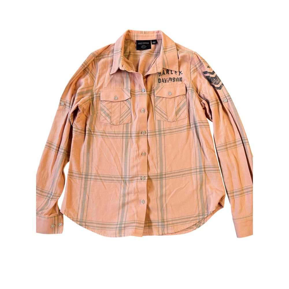 Harley‎ Davidson Womens Plaid Shirt Peach Top Long Sleeve Biker Star L